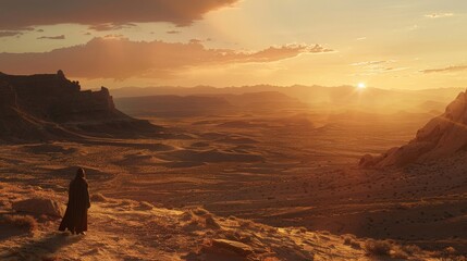 A panoramic shot of a sprawling desert landscape, with a lone figure walking towards the setting sun. (epic, establishing shot)