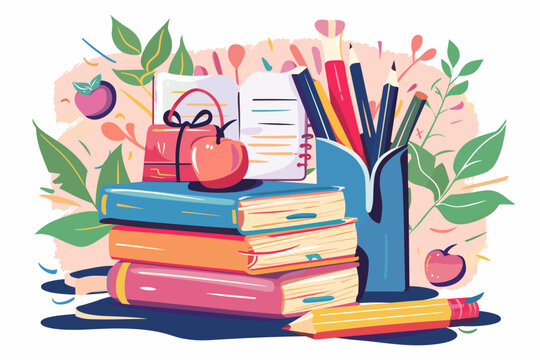 Back to School Education Concept - Students with Books, Backpacks, Apple, Pencils, Graduation Cap. Symbols of Learning, Studying, Knowledge. Creative Vector for Web Banner and Social Media Ad