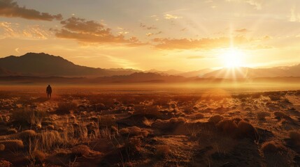 A panoramic shot of a sprawling desert landscape, with a lone figure walking towards the setting sun. (epic, establishing shot) - obrazy, fototapety, plakaty