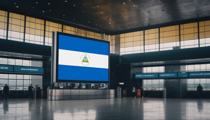 Nicaragua flag in the airport terminal. Travel and tourism concept.