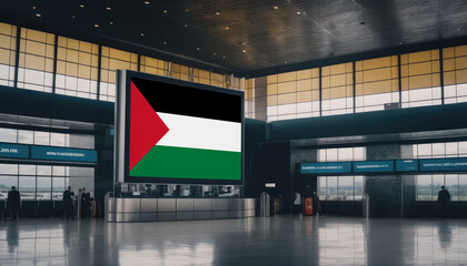 Palestine flag in the airport terminal. Travel and tourism concept.