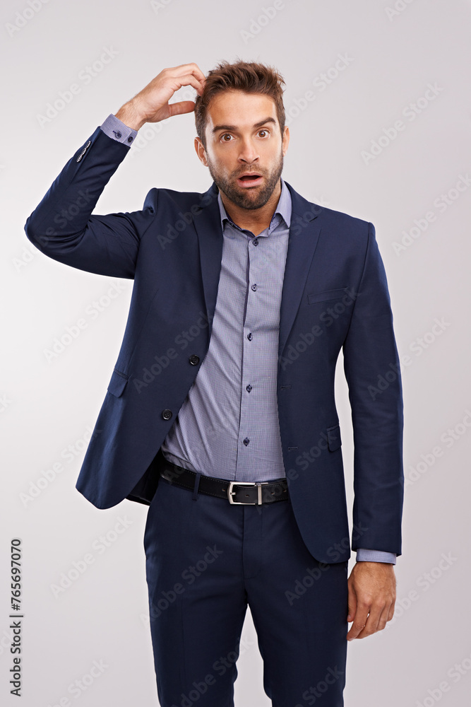 Poster confused, businessman and studio portrait thinking, puzzled employee with idea for question. profess