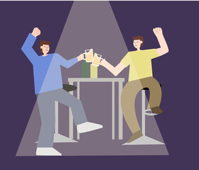 Two cheerful guys clinking glasses of beer and joyful while raising their hand and drinking alcohol at night party together ,vector cartoon characters.