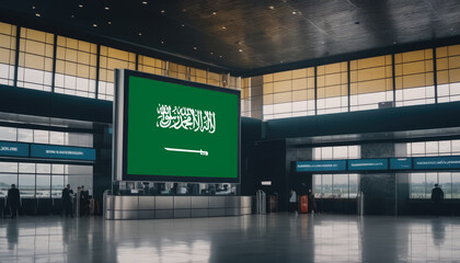 Saudi Arabia flag in the airport terminal. Travel and tourism concept.