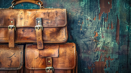Vintage leather briefcases against textured wall