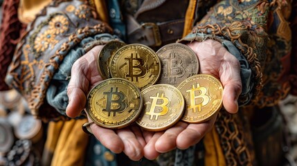 Golden bitcoins in the hands of a medieval aristocrat - obrazy, fototapety, plakaty