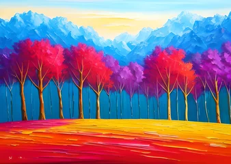 Foto op Canvas landscape in a fabulous forest, rainbow spectrum of colorful autumn trees in unusual neon lighting, fog background autumn fantasy painted, mountain and forest terrain, Generative AI  © LIUBOMYR