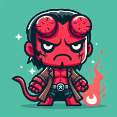 Chibi-style depiction of Hellboy, the iconic demon hero, featuring a cute and miniature version with oversized red hand, horns, and trench coat, bringing charm to the supernatural.