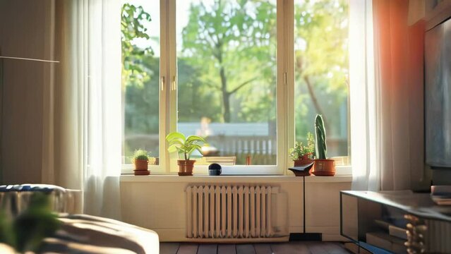 Interior of modern living room with window and plants. Toned image