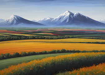 Fototapeta premium landscape in a fabulous forest, rainbow spectrum of colorful autumn trees in unusual neon lighting, fog background autumn fantasy painted, mountain and forest terrain, Generative AI 