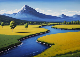 Naklejka premium landscape in a fabulous forest, rainbow spectrum of colorful autumn trees in unusual neon lighting, fog background autumn fantasy painted, mountain and forest terrain, Generative AI 