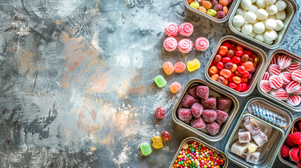 Assorted candy selection on textured background