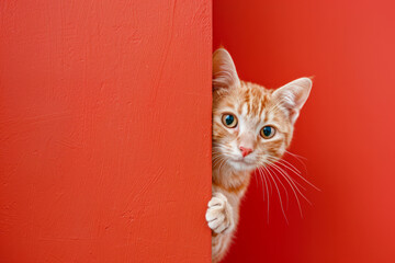 A cat is peeking out from behind a red wall. The cat is orange. the cat is curious about what is on...