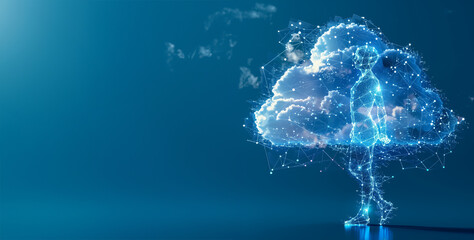 Digital human silhouette emerging from a cloud, symbolizing cloud AI and big data.
