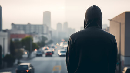 Delinquent wearing a hoodie looking at the city - daytime crime illustration.
