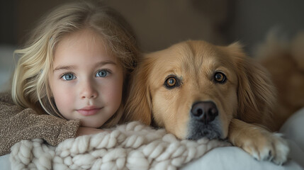 Adorable children with their pets. A small girl with her retriever