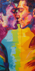 An abstract painting bursts with color, capturing an intimate kiss between two men, a visual celebration of vibrant love and unity in expressive brushstrokes.