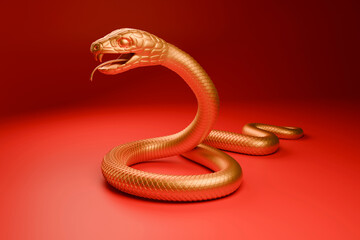 Snake is a symbol of the 2025 Chinese New Year. 3d render illustration of Golden Snake on a red background. Zodiac Sign Snake, asian oriental concept for lunar year - 765699211