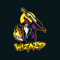 Wizard mascot logo design with modern illustration concept style for badge, emblem and t shirt printing. Wizard illustration with stick in hand.