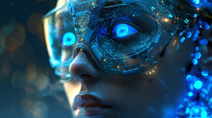 Cybernetic woman with futuristic visor and circuit patterns. - obrazy, fototapety, plakaty