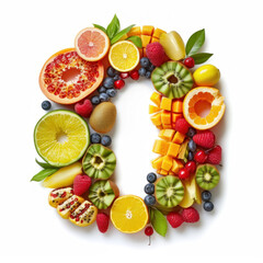 Colorful Fresh Fruits Arranged in a Number '0' Representing Healthy Choices