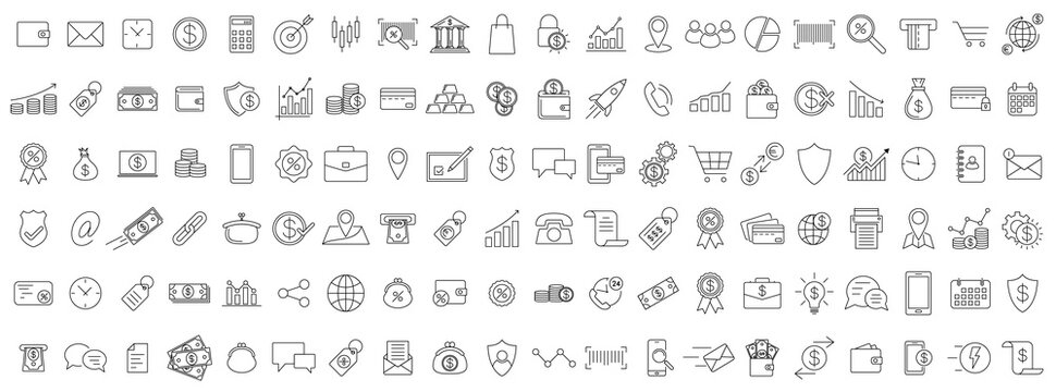 Business icons. Set of black linear business icons on white background. Economy symbols. Vector illustration