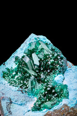 green dioptase on blue plancheite photography isolated on black blackground. From Sanda, Mindouli District, Pool Department, Republic of the Congo 