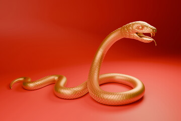 Snake is a symbol of the 2025 Chinese New Year. 3d render illustration of Golden Snake on a red background. Zodiac Sign Snake, asian oriental concept for lunar year - 765699496