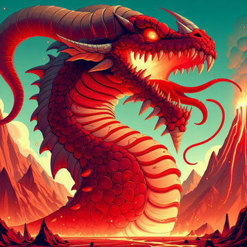 Deep within the volcano, a colossal red serpent slumbers, its fiery scales pulsating with raw energy.