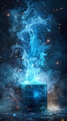 Mystical box erupting with blue fire low angle