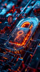 Fototapeta premium A glowing digital padlock on a complex circuit board, representing strong cybersecurity and data protection technology.