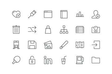 Bar chart,Book,Browser,Crutch,Favorite cross,File cross,Folder,Gas station,juice,Linkedin,Lock,Log out,Map,Pen,Picture,Save,Scales,Server,Share,Shopping bag,Shuffle,set icons, vector illustration
