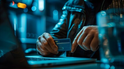 A close-up of a person's hands holding a credit card, making an online payment on a laptop in a dimly lit setting. - obrazy, fototapety, plakaty