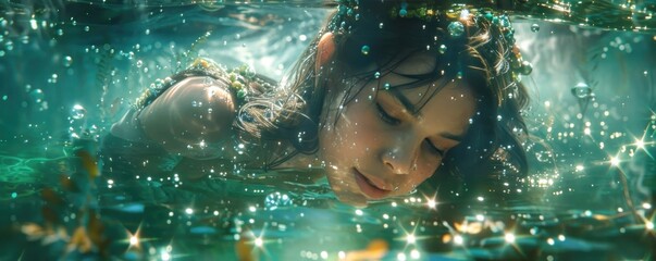 Undine's serene gaze beneath the water, surrounded by a dance of light - obrazy, fototapety, plakaty