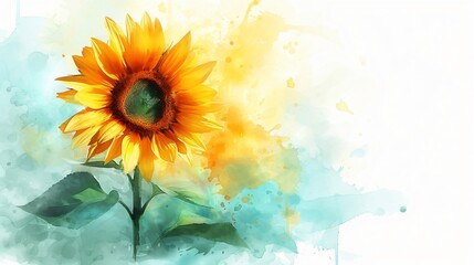 A sunflower painted in a soft watercolor style with simple strokes and colors.