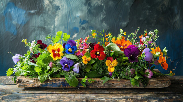 Vibrant Display of Edible Flowers and Herbs