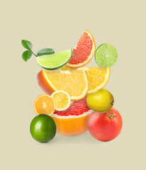 Stack of different citrus fruits on grey background