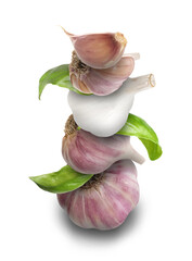 Stacked heads and clove of garlic and basil leaves on white background - obrazy, fototapety, plakaty