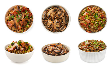 Different lentil dishes in bowls on white background, top and side views