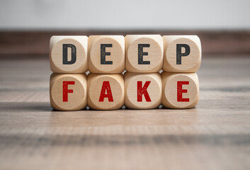Cubes, dice or blocks with deep fake, deepfake on wooden background - obrazy, fototapety, plakaty