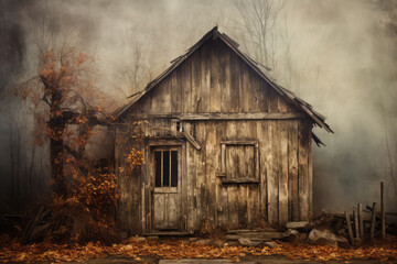 Solitary Wooden Hut Standing Amongst Autumn Foliage in a Misty Forest