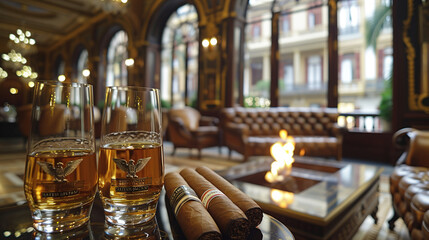 Fototapeta na wymiar A glass of whiskey paired perfectly with a cigar embodies sophistication and leisure 