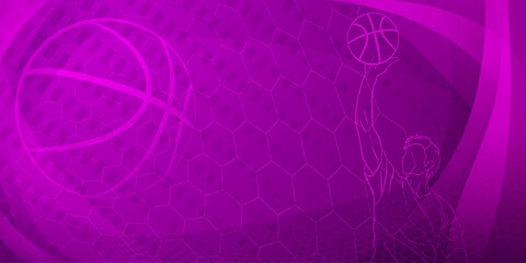 Basketball themed background in dark purple tones with abstract meshes, curves and dots, with a male basketball player and ball