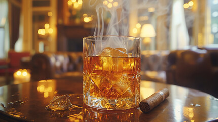 A glass of whiskey paired perfectly with a cigar embodies sophistication and leisure 