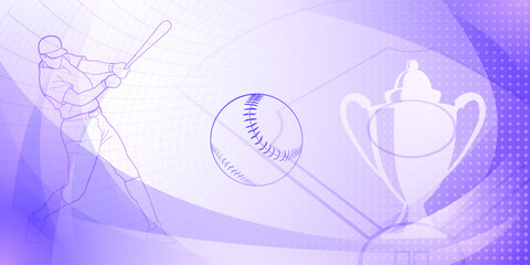 Baseball themed background in purple tones with abstract lines, dots and curves, with silhouettes of a baseball field, cup, ball and batsman