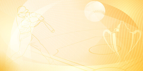 Baseball themed background in yellow tones with abstract dotted lines, dots and curves, with silhouettes of a baseball field, cup, ball and batsman