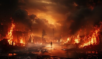 A man stands in front of a huge fire in a city - obrazy, fototapety, plakaty
