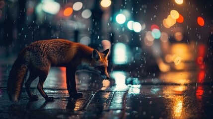 Unexpected encounter with urban wildlife, such as a fox or a raccoon, on a rainy night in the city, showing the adaptability of wildlife and the unexpected moments of connection in urban settings.