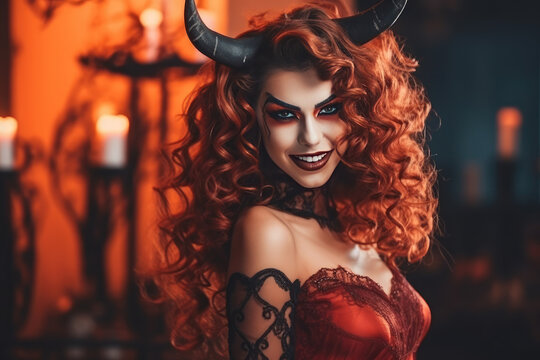 Halloween Fantasy Portrait of a Woman Dressed as a Seductive She-Devil