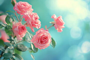 Beautiful Pink Roses Blooming in Front of a Vibrant Blue Sky with Sparkling Bokeh Background